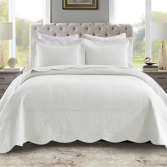 MarCielo 3-Piece 100% Cotton Oversized Bedspread Lightweight Quilt Coverlet Embroidery Farmhouse Bedding Set (TG Bright White, Oversized Queen (100"x106"))