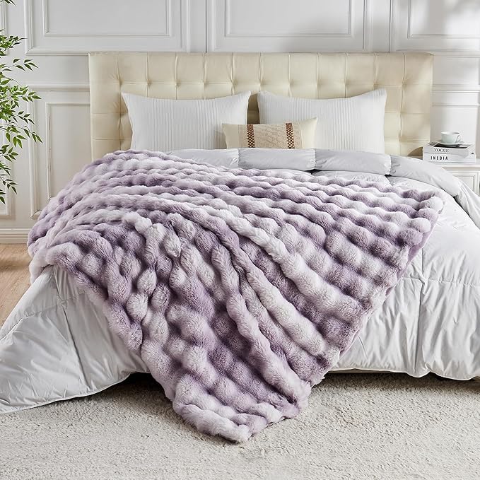 Lotus Karen Faux Fur Throw Blanket Tie-Dye Purple - Big Bubble Rabbit Fluff Blanket for Couch, Large Fluffy Fuzzy Cozy Blanket,Thick Furry Plush Shaggy Blankets,90x90 Inches
