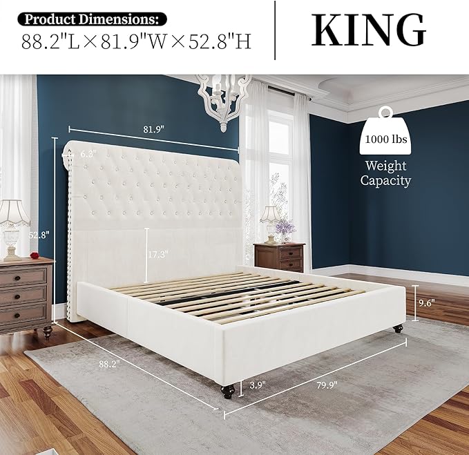 PaPaJet King Bed Frame Upholstered Platform Bed Frame with 52.8'' Tall Sleigh Headboard, Button Tufted, No Box Spring Needed, Easy Assembly, Cream
