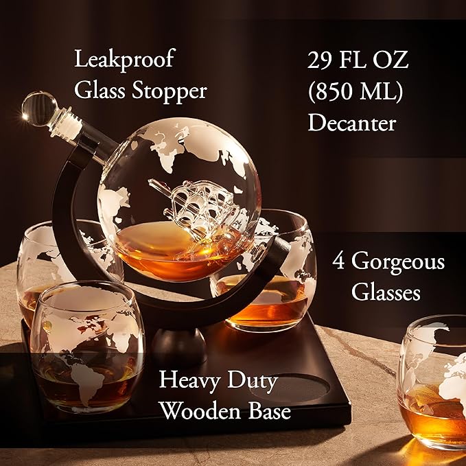 Whiskey Decanter Globe Set for Men with 4 Glasses, Bourbon, Rum, Scotch, Crystal Clear Decanter Sets - Whiskey Gifts for Men Dad Him (Globe Decanter)
