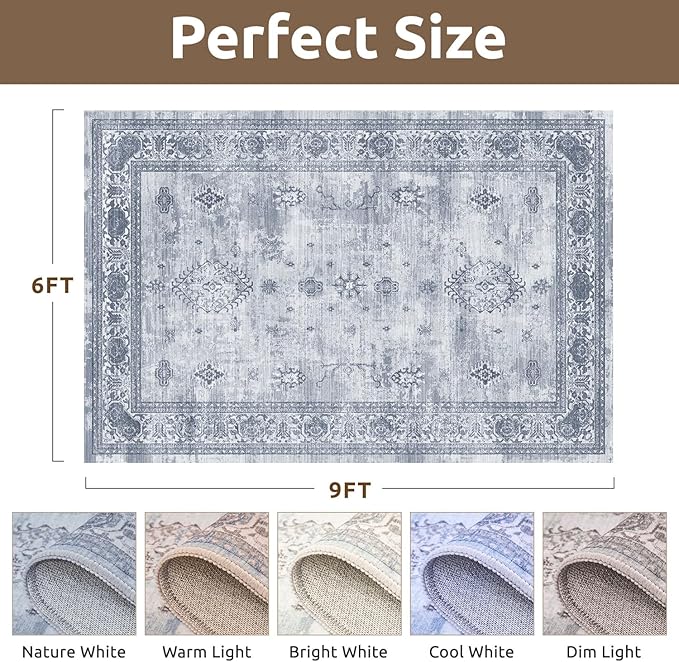 AMOAMI-Vintage Area Rug 6X9 Blue Rugs for Living Room-Soft Living Room Rug Non Slip Rugs for Bedroom Carpet Machine Washable Rug for Dining Room Bedside Office Room Decor