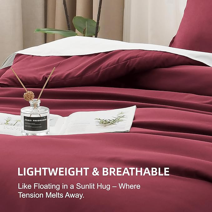 Litanika Burgundy Red Comforter Set King Size, 3 Pieces Lightweight Solid Bedding Comforter Set, All Season Fluffy Bed Set (104x90In Comforter & 2 Pillowcases)