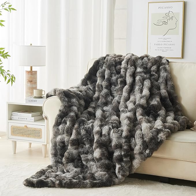 Lotus Karen Faux Fur Blanket Tie-Dye Dark Gray Twin Size - Big Bubble Rabbit Fluff Throw for Couch Small Fluffy Fuzzy Cozy Thick Furry Plush Shaggy Blankets 108x90 Inches