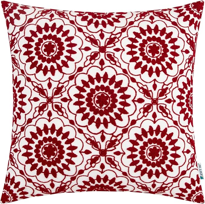 HWY 50 Red Decorative Throw Pillow Covers 18x18 Inch (1 Piece), Embroidered Cotton Farmhouse Cushion Cover Pillow Case for Sofa Couch Living Room Bed, Little Sunflower