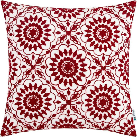 HWY 50 Red Decorative Throw Pillow Covers 18x18 Inch (1 Piece), Embroidered Cotton Farmhouse Cushion Cover Pillow Case for Sofa Couch Living Room Bed, Little Sunflower