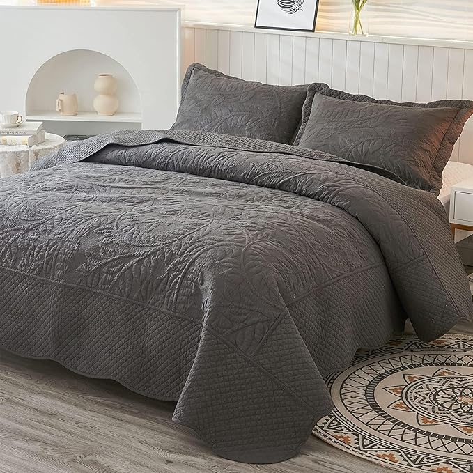 MarCielo 3-Piece 100% Cotton Oversized Bedspread Lightweight Quilt Coverlet Embroidery Farmhouse Bedding Set T0 (Dark Grey, Oversized Queen (100"x106"))