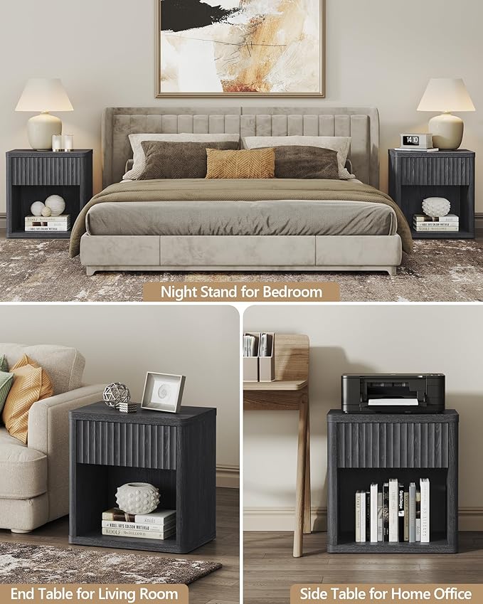 SICOTAS Night Stand Nightstand with Drawer Storage Fluted Bed Side Table End Table Large Modern Wide Bedside Mid Century Night Stands for Bedroom Living Room Sofa Couch Home Office, Dark Grey Alder