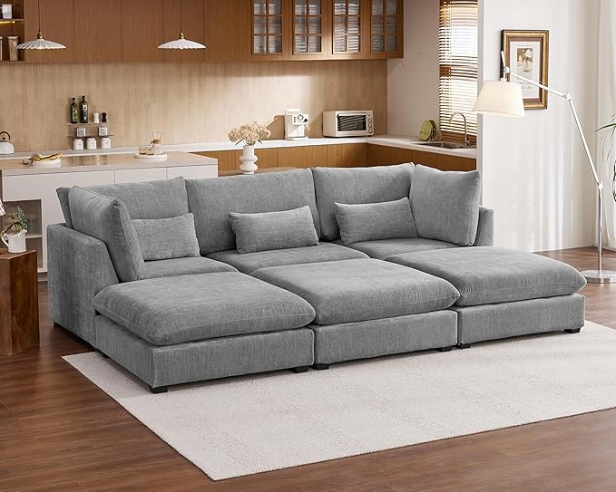 Oversized Modular Sofa, Extra Deep Cloud Chenille Sectional Couch with Ottoman Chaise, Fluffy Chenille 6 Seater Couch Bed for Living Room, Villa (Sofa Bed 6 Seater, Chenille Grey)