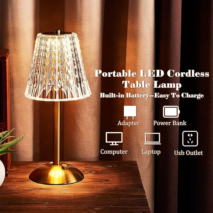 Liliful 2 Pcs LED Portable Cordless Table Lamp Touch Battery Operated Rechargeable Desk Lamp 3 Color Dimmable for Bedroom Living Room Dining (Classic Style,Gold)