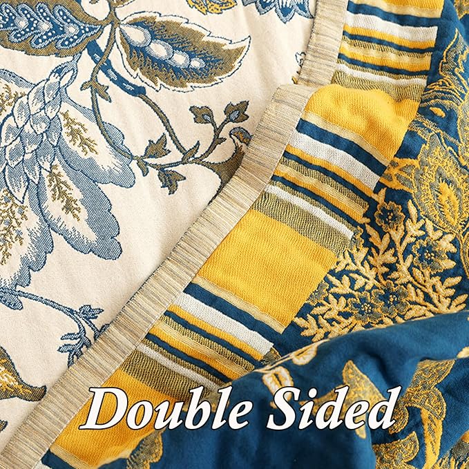 Snycler Boho Throw Blanket for Bed - 100% Cotton Ultra Soft Rustic Quilt - White Blue Floral Printed Farmhouse Decor Bed Blankets, 80"×90" All Season Rustic Throw for Sofa Couch Chair