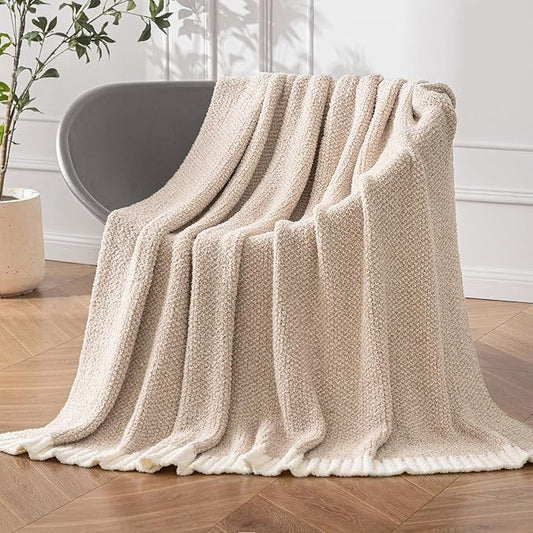 MIULEE Beige Super Soft Throw Blanket for Couch, Cozy Fluffy Warm Throws Knit Blankets for Sofa, Bed, Chair, Living Room, Camping, Picnic, 50 x 60 inch