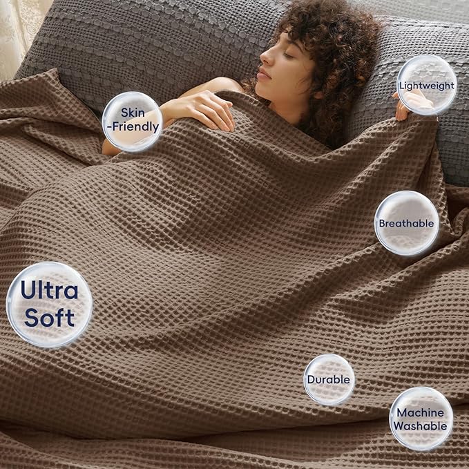 PHF Ultra Soft Waffle Weave Blanket Queen Size 90"x 90"- Washed Lightweight Breathable Cozy Woven Blanket for Bed - Aesthetic Decor for Couch Bedding Sofa Home Car - Cocoa Brown