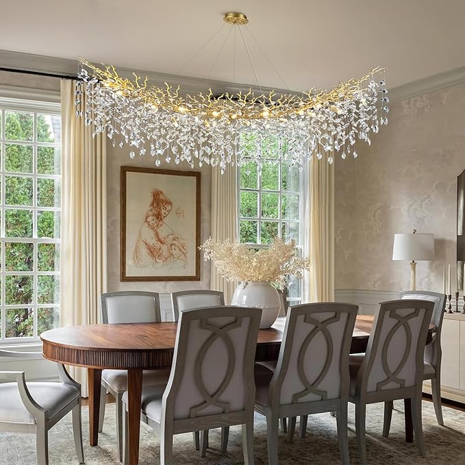Modern Crystal Gold Chandelier,72" Large Rectangular Chandeliers for Dining Room, Tree Branch Crystal Lving Room Chandelier,Dining Room Over Table Chandeliers,Fixture Height-Adjustable