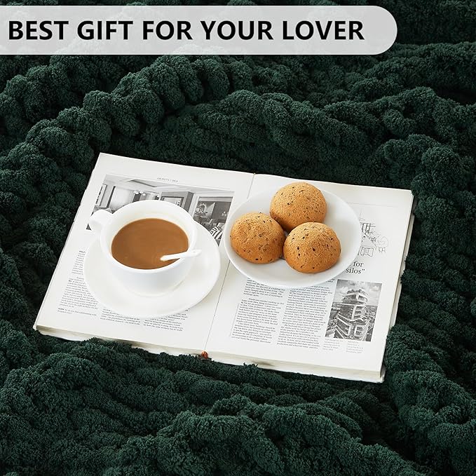 L'AGRATY Chunky Knit Blanket Throw - Soft Chunky Throw Blanket 30x40: 100% Hand Kintted Chenile Crochet Throw Blanket for Couch - Large Cable Knit Chunky Blanket for Home Decor(Olive Green)