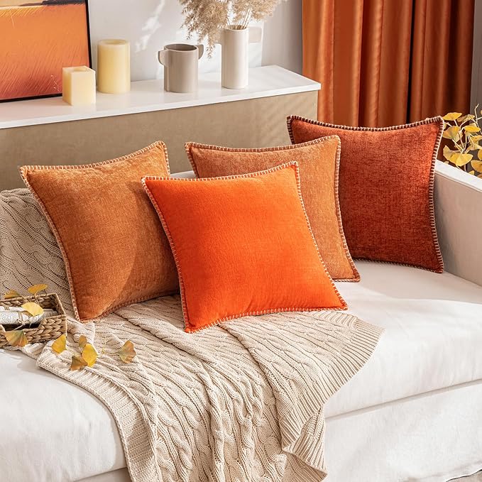 MIULEE Pack of 2 Fall Couch Throw Pillow Covers 18x18 Inch Bright Orange Farmhouse Decorative Pillow Covers with Stitched Edge Soft Chenille Solid Dyed Pillow Covers for Sofa Bed Living Room