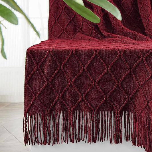 inhand Knitted Throw Blankets for Couch and Bed, Soft Cozy Knit Blanket with Tassel, Claret Lightweight Decorative Blankets and Throws, Farmhouse Warm Woven Blanket for Men and Women, 50"x60"