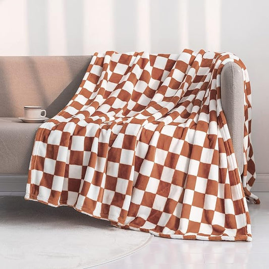 LOMAO Throw Blankets Flannel Blanket with Checkerboard Grid Pattern Soft Throw Blanket for Couch, Bed, Sofa Luxurious Warm and Cozy for All Seasons (Maple Brown, 50"x60")
