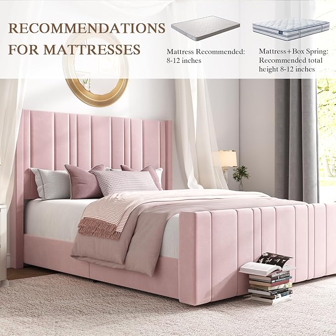 HOMBCK Pink Full Size Bed Frame Upholstered Bed with Velvet Tufted Headboard & Footboard, Mattress Foundation/Wooden Slats/Noise Free/No Box Spring Needed/Easy Assembly
