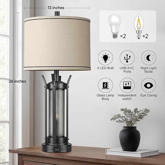 QiMH Farmhouse Table Lamps for Living Room, Beside Lamps for Bedroom with USB A+C Charging Ports, Rustic Nightstand Lamp Set of 2 with Frosted Glass Night Light, 4 Bulbs Included (Black)