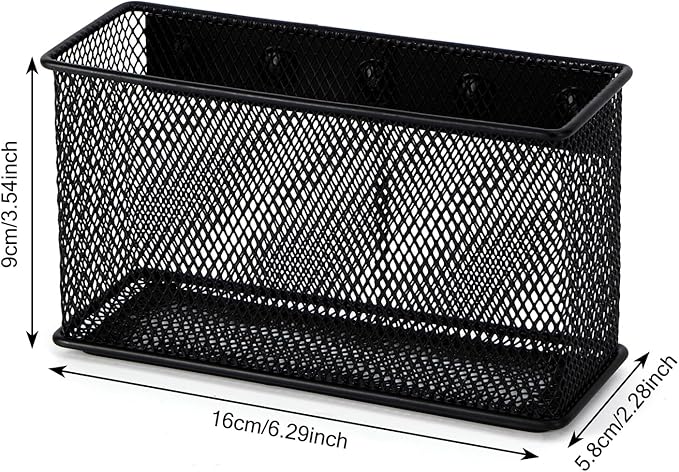 Wire Mesh Storage Baskets Organizer Set of 2 Black Magnetic Basket with 5 Strong Magnets Magnetic Organizer Holder for Refrigerator Locker Whiteboard Office, 6.29'' × 2.28'' × 3.54''