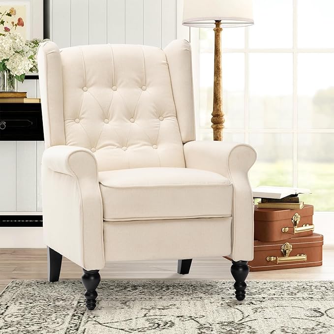 Mid Century Wingback Recliner Chair for Adults, Modern Linen Fabric Push Back Recliner Chairs with Button Tufted Upholstered Back & Footrest, Manual Recliner Chais for Living Room, Nursery, Beige