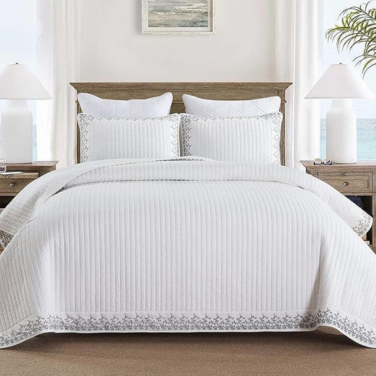 MarCielo 3-Piece 100% Cotton White Striped Quilt Set with Botanical Edge Embroidery TC(Sakura White,Queen (98" X 90"))