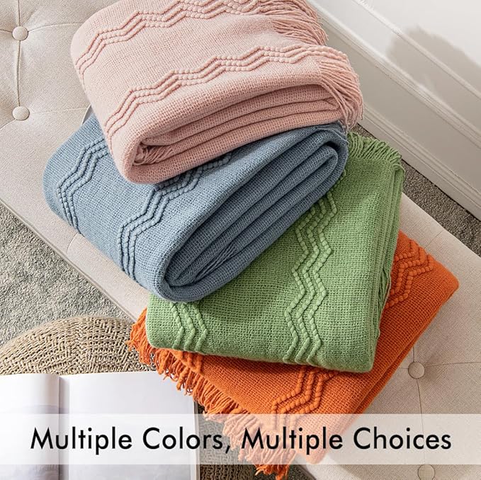 MIULEE Light Pink Knitted Throw Blanket for Couch Bed, Boho Textured Cozy Woven Decorative Farmhouse Blanket with Tassels for Sofa Chair Living Room 50"x60"