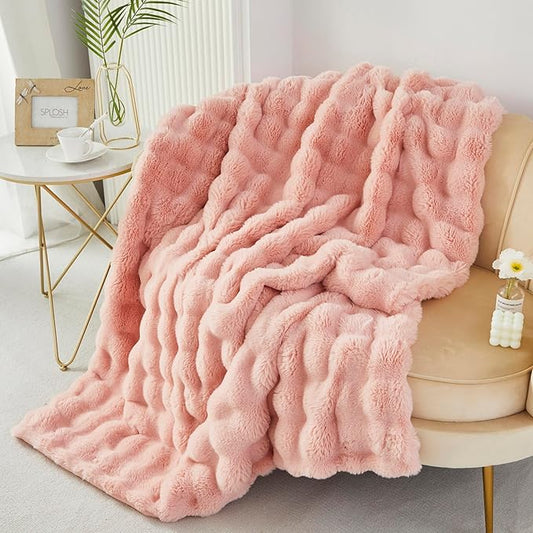 RYNGHIPY Faux Fur Blanket for Couch Fluffy Warm Throw Blanket for Sofa Bed Soft Plush Thick Bubble Blanket (Blush, 63''x79'')