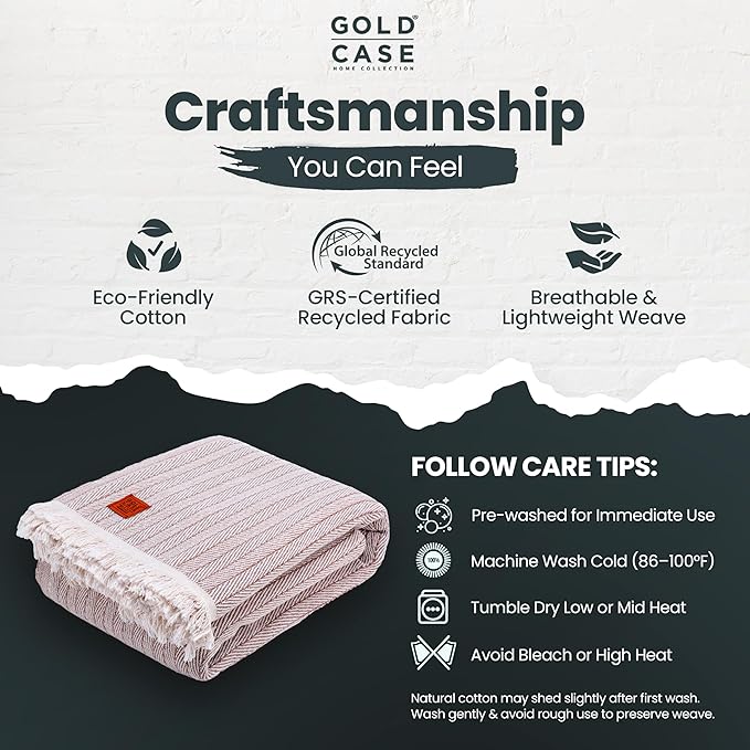 Gold Case Throw Blanket for Bed – 100% Recycled Turkish Cotton Bed Blanket – Decorative Throw Cotton Blankets for Living Room & Bedroom – Woven Twin Blankets – Vintage Beige – 71x90