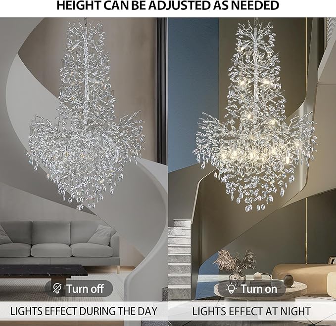 H61'' Modern Silver K9 Crystal High Ceiling Chandeliers, 23-Lights Staircase Chandeliers,Large Crystal Tree Branch Chandelier, D40'' Foyer Chandelier,for Living Room,Entryway