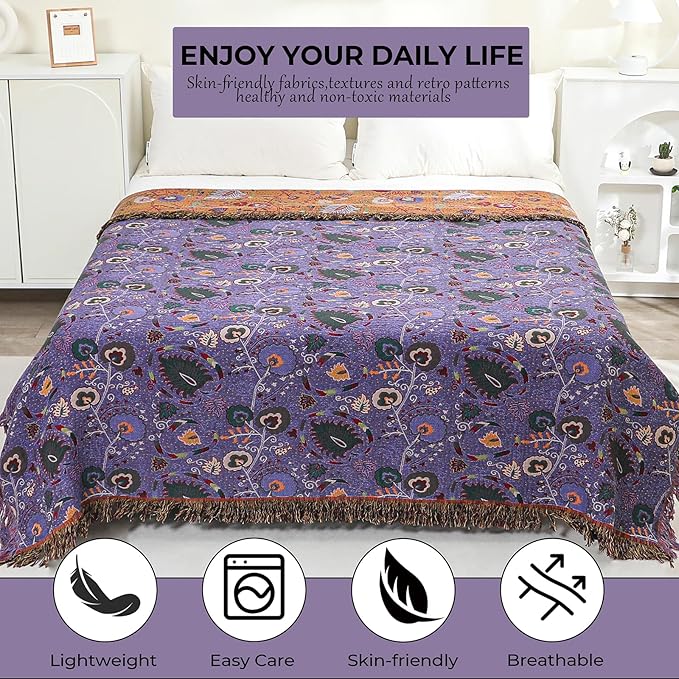 Boho Throw Blanket for Bed,100% Ultra Cotton Soft Breathable Bed Throw Floral Printed Farmhouse Decor Rustic Bed Throws for Couch Sofa Quilt Purple Flowers 60" x 80"