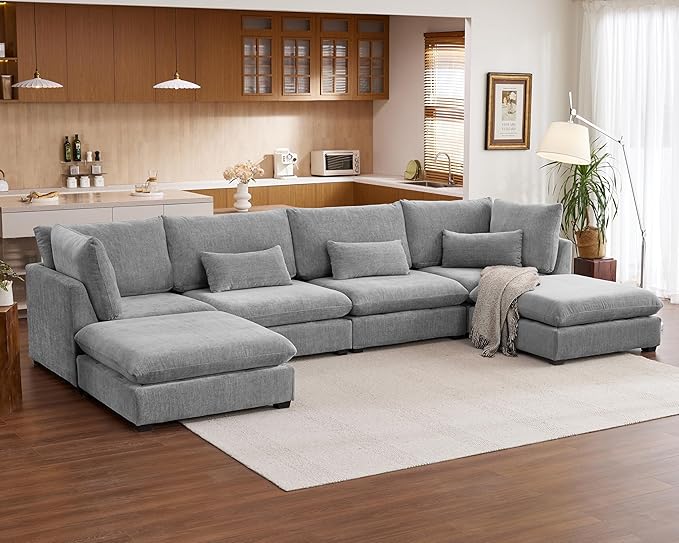 Oversized Modular Sofa, Extra Deep Cloud Chenille Sectional Couch with Ottoman Chaise, Fluffy Chenille 6 Seat U-Shaped Sofa for Living Room, Villa (U Shape 6 Seater, Chenille Grey)