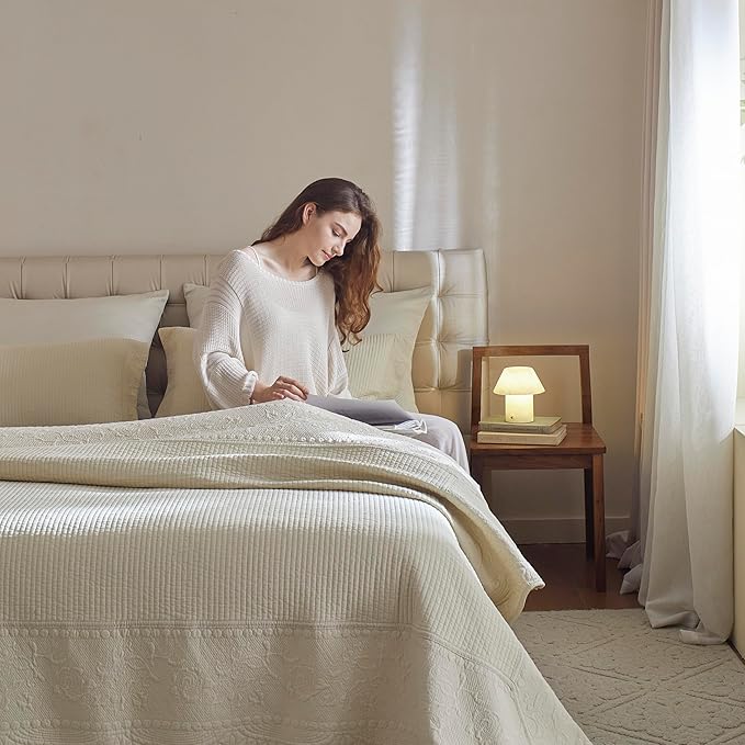 MarCielo 3-Piece 100% Cotton Oversized Bedspread Lightweight Quilt Coverlet Embroidery Farmhouse Bedding Set (TG Yellowish Beige, Oversized Queen (100"x106"))