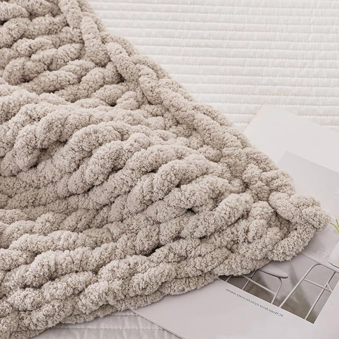 WESHIONGOO Chunky Knit Blanket Throw 40"×40" Knitted Throw Blankets for Couch Bed Fluffy Soft Blanket with Jumbo Chenille Yarn Thick 100% Handmade (Linen)