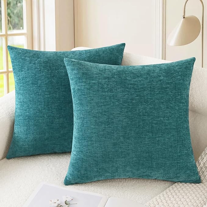 CaliTime Throw Pillow Covers Decorative 12 X 12 Inches Pack of 2 Cozy Chenille Cushion Cases for Couch Sofa Bed Living Room Home Teal