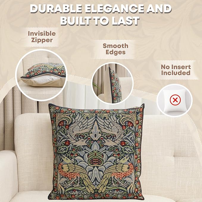 Charlotte Home Furnishings Throw Pillow Covers 16x16 in, Blue Peacock Decorative Couch Pillow Cover, Boho Decor European Tapestry Cushion Cases, Living Room Cozy Home Decor, Jacquard Woven Soft Cotton