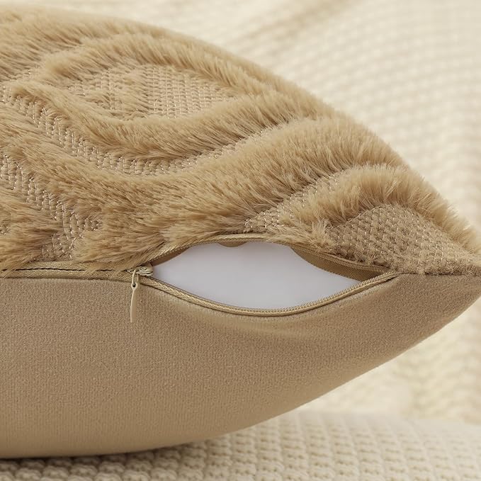 decorUhome Throw Pillow Covers 20x20 Inch Set of 2, Soft Plush Decorative Faux Fur Light Brown Solid Couch Pillow Covers, Accent Farmhouse Neutral Square Euro Pillow Cases for Sofa Bed Living Room