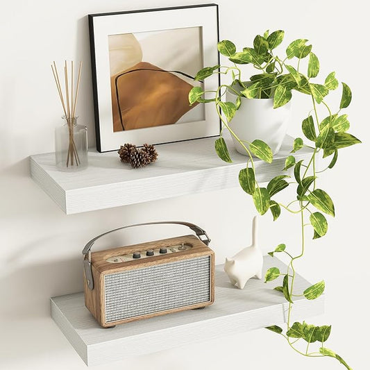 Fun Memories Deep Floating Shelves - 16" W x 9" D x 1.6" H Rustic White Wall Shelf - Wall Mounted Shelves for Storage - Wooden Shelves with Invisible Brackets for Living Room, Farmhouse - Set of 2