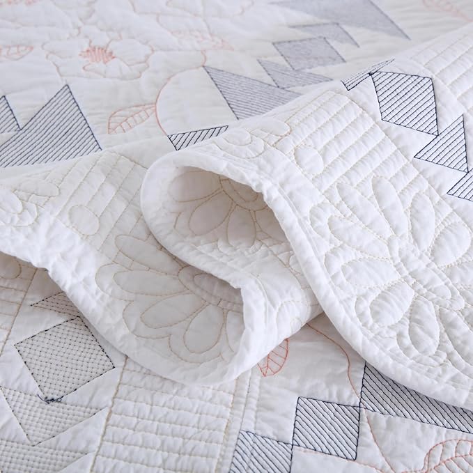 MarCielo 3-Piece 100% Cotton Oversized Bedspread Lightweight Quilt Coverlet Embroidery Farmhouse Bedding Set (TC Colorful White, Oversized Queen (100"x106"))