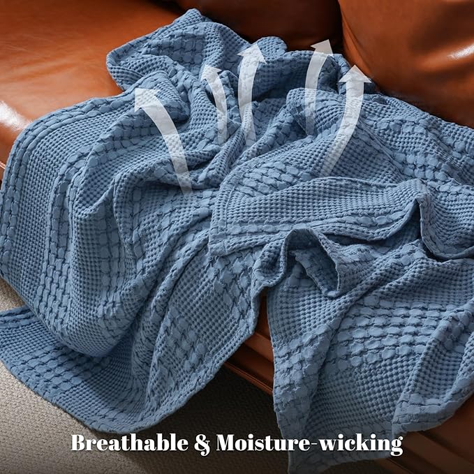 PHF 100% Cotton Waffle Weave Blanket Twin Size, Soft Lightweight Breathable Cozy Summer Blankets for Bed, Luxury Aesthetic Woven Bedding for Home Decor, 66"x90", Captain's Blue
