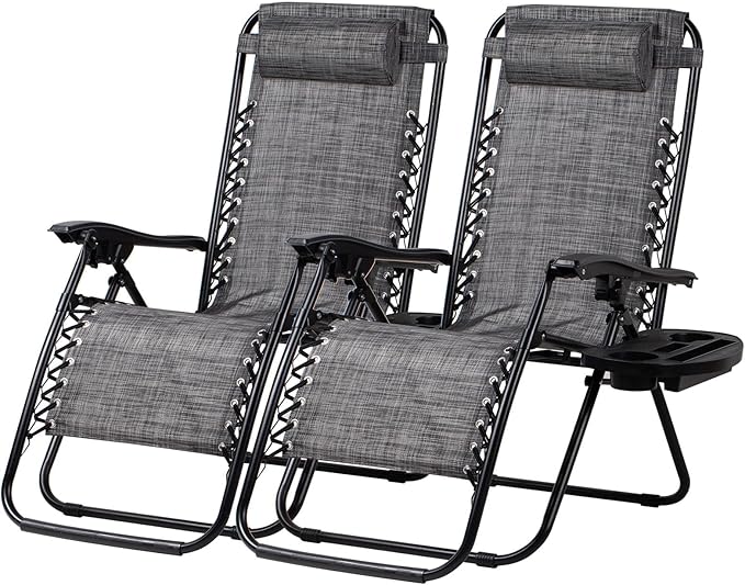 Nazhura Set of 2 Relaxing Recliners Patio Chairs Adjustable Steel Mesh Zero Gravity Lounge Chair Beach Chairs with Pillow and Cup Holder(Grey)