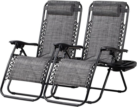 Nazhura Set of 2 Relaxing Recliners Patio Chairs Adjustable Steel Mesh Zero Gravity Lounge Chair Beach Chairs with Pillow and Cup Holder(Grey)