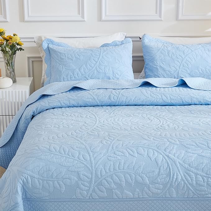 MarCielo 3-Piece 100% Cotton Oversized Bedspread Lightweight Quilt Coverlet Embroidery Farmhouse Bedding Set T0 (Light Blue, Oversized King (118"x106"))