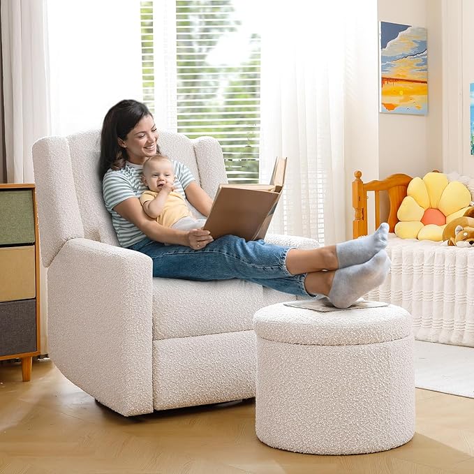 Power Recliner Chair Swivel Glider, Large Rocker Recliner with Ottoman & USB Charging Port, Boucle Upholstered Swivel Rocker Glider Recliner for Nursery,Bedroom,Living Room, Cream