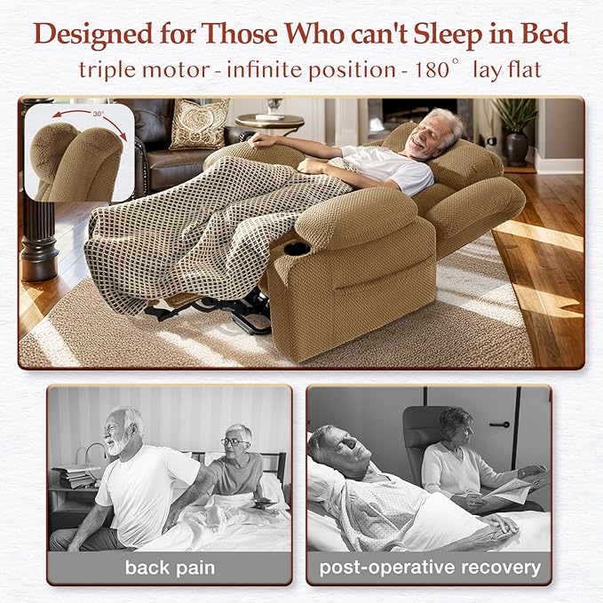 Three Motor Large-Wide Power Lift Chairs Recliners for Big and Tall Elderly, 180° Lay Flat Lift Chair, Infinite Position, Power Headrest, Heat & Vibration Massage (Plush Flannel, Camel Beige)