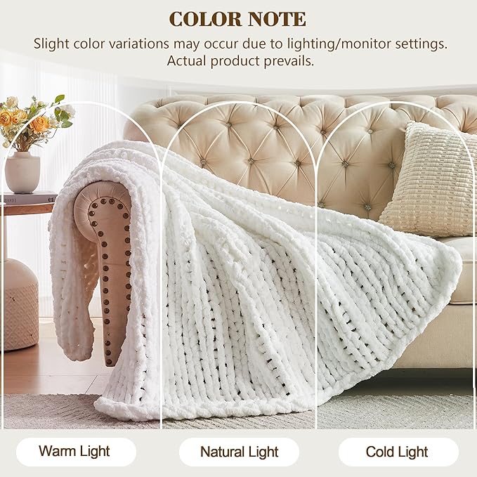 Carriediosa Chunky Knit Throw Blanket 50" X 60", 100% Hand Made Large Chenille Loop Yarn Soft Fluffy Throws for Couch Sofa Bed, Big Crochet Cozy Heavy Thick Cable Woven Blankets, Snow White