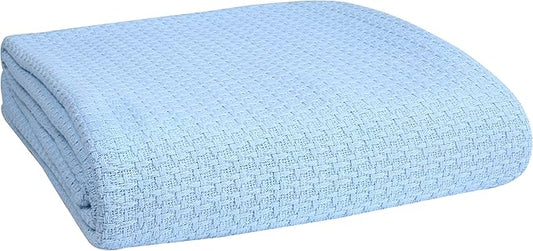 Elvana Home 100% Cotton Bed Blanket, Breathable Bed Blanket Twin Size, Cotton Thermal Blankets Twin, Perfect for Layering Any Bed for All Season, Light Blue