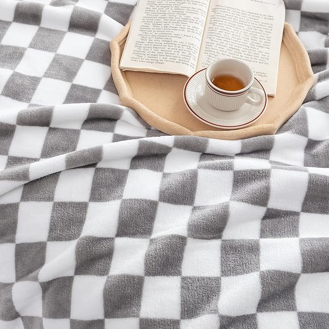 LOMAO Throw Blankets Flannel Blanket with Checkerboard Grid Pattern Soft Throw Blanket for Couch, Bed, Sofa Luxurious Warm and Cozy for All Seasons (Grey, 60"x80")