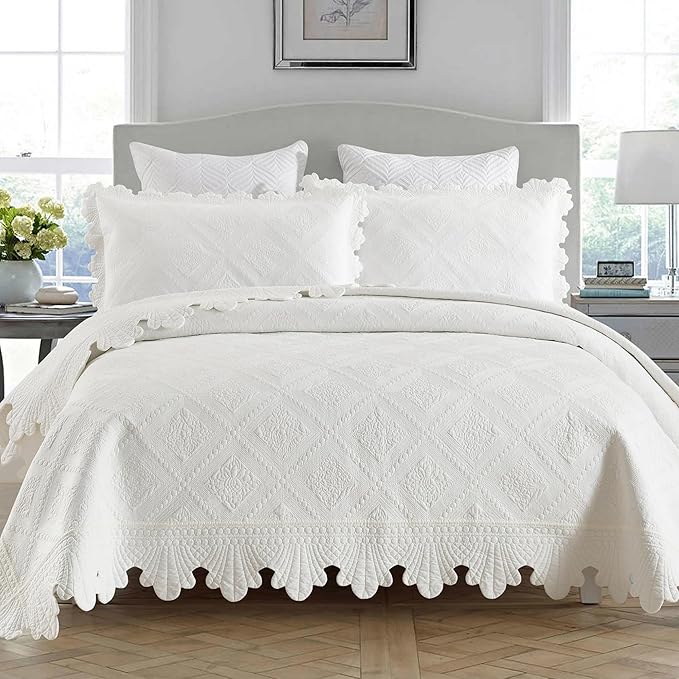 MarCielo 3-Piece 100% Cotton Oversized Bedspread Lightweight Quilt Coverlet Embroidery Farmhouse Bedding Set (TK White, Oversized King (118"x106"))