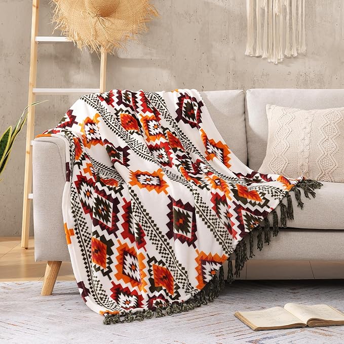 CASAAGUSTO Boho Throw Blanket - Orange and Green Decorative Blankets with Tassel, Printed Flannel Bohemian Blanket for Chair, Bed, Sofa, Couch(60 * 80, Orange and Green)